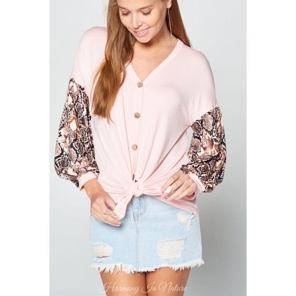Harmony In Nature Tops - Pink Snakeskin Print Sleeve Top